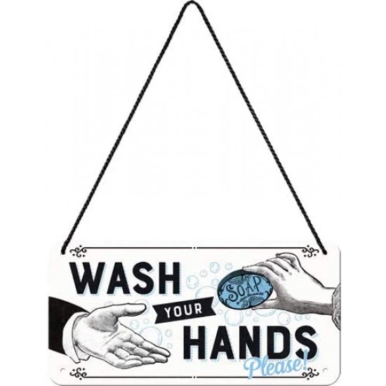 Placa metalica cu snur - Wash your hands please - 10x20cm