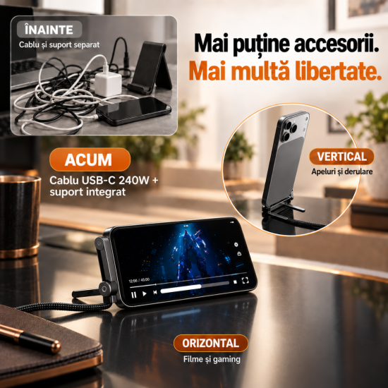 Cablu Incarcare Rapida USB-C 240W cu suport telefon, 1,5 m Cablu Incarcare Rapida USB-C 240W cu suport telefon, 1,5 m