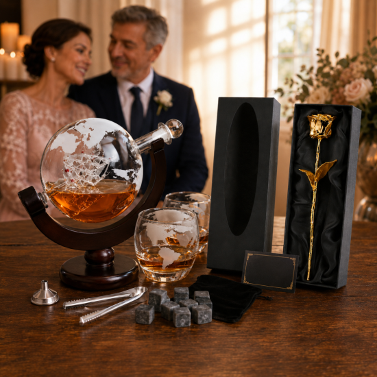 Set cadou pentru nași – Decantor Glob Whisky și Trandafir placat cu Aur 24K Set cadou pentru nași – Decantor Glob Whisky și Trandafir placat cu Aur 24K