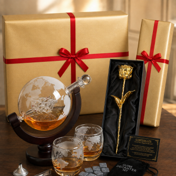 Set cadou pentru nași – Decantor Glob Whisky și Trandafir placat cu Aur 24K
