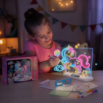 Tabla de desen luminoasa 3D Unicorn cu ochelari și 4 markere neon