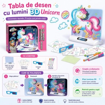Tabla de desen luminoasa 3D Unicorn cu ochelari și 4 markere neon
