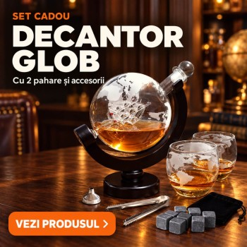 Set cadou Decantor Glob Pământesc pentru whisky, cu 2 pahare și accesorii