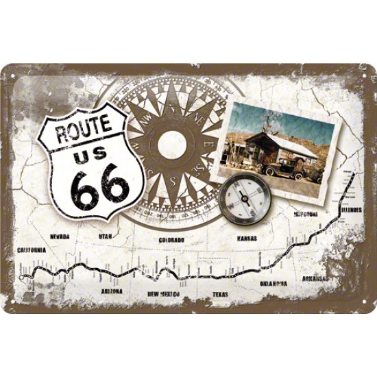 Placa metalica - Route 66 Kompass - 20x30 cm