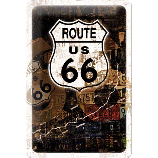 Placa metalica - Route 66 Rost-Kollage - 20x30 cm