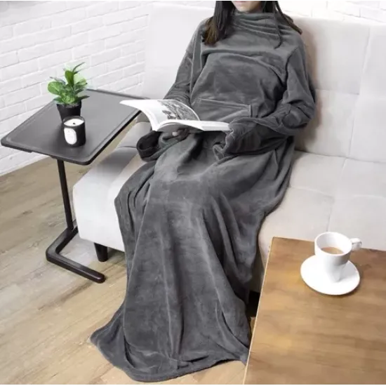Hanorac si halat de baie gri deschis tip patura cu maneci  - Marime Oversize