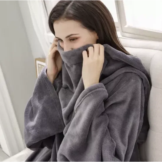 Hanorac si halat de baie gri deschis tip patura cu maneci  - Marime Oversize