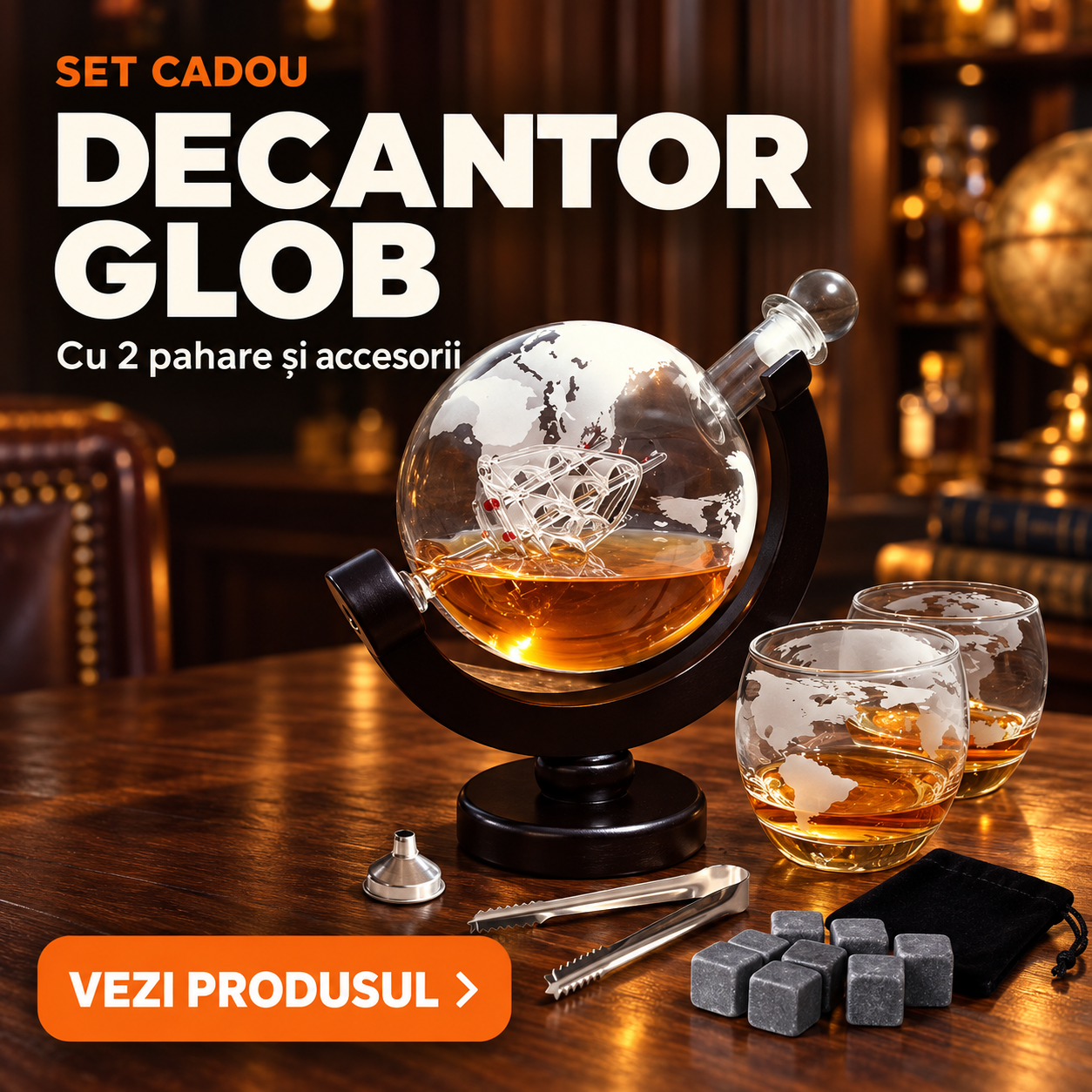Set cadou Decantor Glob Pământesc pentru whisky, cu 2 pahare și accesorii
