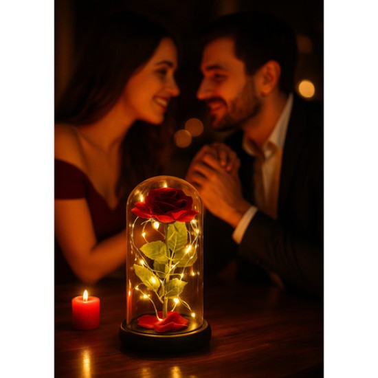 Trandafir in Cupola de Sticla cu Iluminare LED, Cutie Cadou Neagra XL, Marime 21 x 11 cm