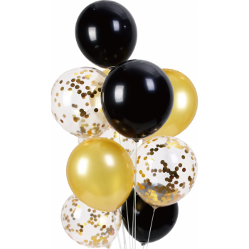 Set 10 baloane mix negru auriu si transparent cu confetti 30cm