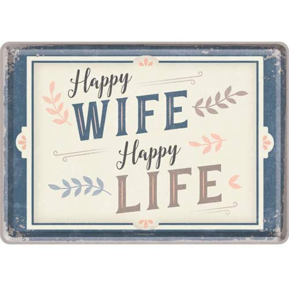 Placa metalica Happy Life Happy Wife - 10x14cm