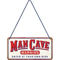 Placa metalica cu snur Man Cave Warning 10x20cm